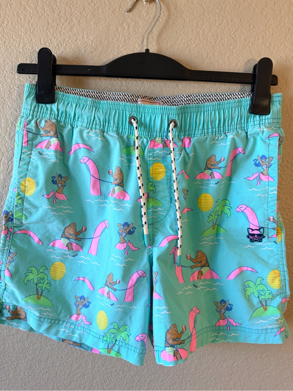 Mens Aqua Swim Board Shorts with Lochness monster, “Beerlieve” print